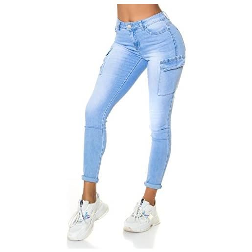 Miss RJ jeans da donna a vita alta, skinny, jeans cargo, con tasche laterali, azzurro, 48