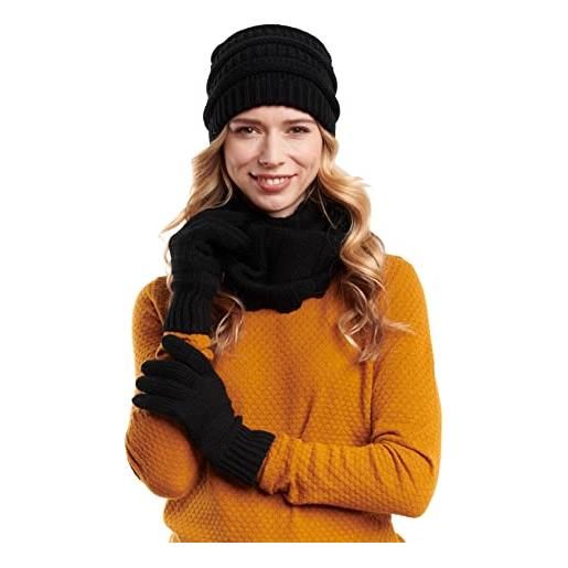 Hilltop - set invernale con sciarpa a ciclo, cappello lavorato a maglia e guanti/berretto con apertura per la treccia. , inverno set: colori crema