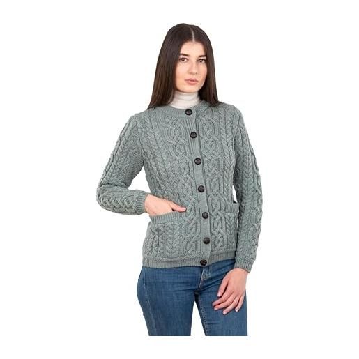 SAOL 100% lana merino signore bottoni irlandesi maglia cardigan legname giacca con tasche, verde, m