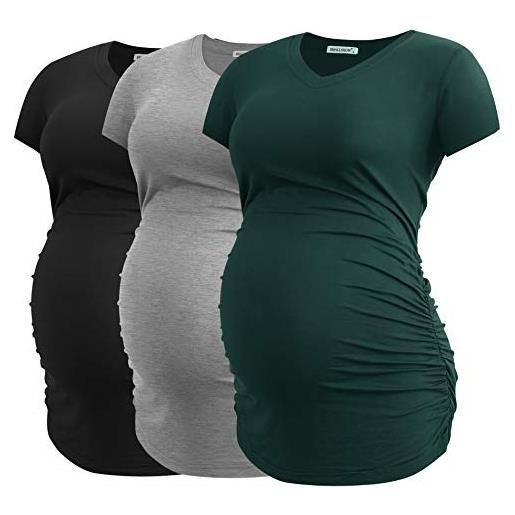 Smallshow t shirt da donna premaman con scollo a v maglietta gravidanza con lati increspati set 3 pezzi, black-light grey-white stripe, m