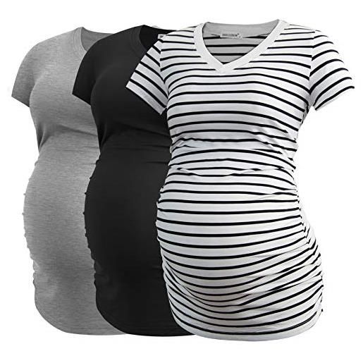 Smallshow t shirt da donna premaman con scollo a v maglietta gravidanza con lati increspati set 3 pezzi, black-light grey-wine, l
