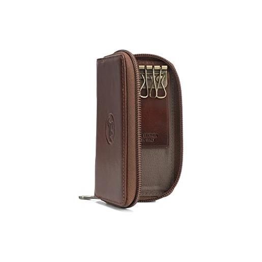 Mauro Pelletteria portachiavi pelle 6 ganci tascabile in vera pelle - custodia borsellino per chiavi - chiusura con cerniera - uomo e donna made in italy, marrone