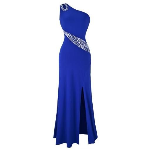 Angel-fashions scava fuori strass singola spalla femminile abito con lo spacco lungo m blu