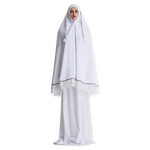 khalat musulmano preghiera abaya abito set donna gonna lunga ramadan islamico musulmano pizzo abito, bianco, taglia unica