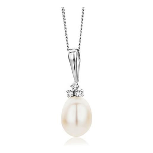 Miore collana donna perla di fiume con catena, con diamanti taglio brillante oro bianco 9 kt / 375 catenina cm 45