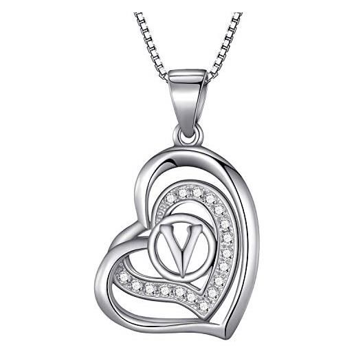 Morella collana donna a forma di cuore lettera v con zirconi bianchi 46 cm argento 925 rodiato