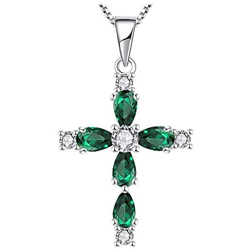 YL collana croce argento 925 con maggio pietra portafortuna zirconia cubica verde regali con ciondolo crocifisso per donne mamma, 45-48 cm