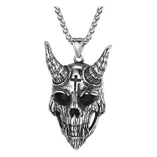 PROSTEEL uomo collana pendente gotico cranio teschio tengu diablo halloween, catena regolabile, acciaio inossidabile, stile punk, argento (con confezione)