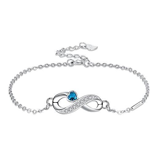 Arrebol bracciale infinito donna argento sterling 925 simbolo infinity bracciali con blu cuore zirconi con scatola regalo, regolabile 16+4cm