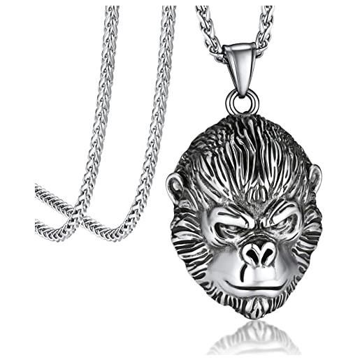 Bandmax orango collana uomo acciaio, argento vintage gorilla collana ragazzo rapper, 55+5 cm regolabile ciondoli per collane uomo, idee regalo natale compleanno san valentino