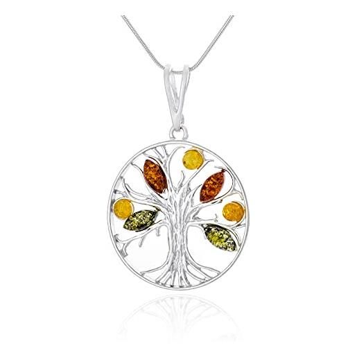 AMBEDORA, collana da donna con ambra baltica colorata, argento 925 lucido, ciondolo celtico dell'albero della vita su catenina, set pronto per il regalo