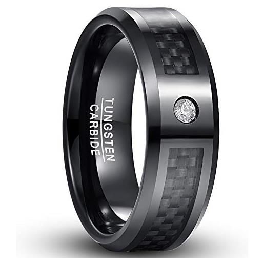 VAKKI anello di fidanzamento in acciaio al tungsteno 8mm anello in fibra di carbonio nero con zirconi intarsiati per uomo e donna taglia 20