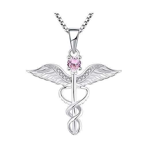 YL collana infermiera 925 argento ottobre pietra portafortuna zirconia cubica rosa ali d'angelo registrato rn caduceus ciondolo per donne infermiera dottore