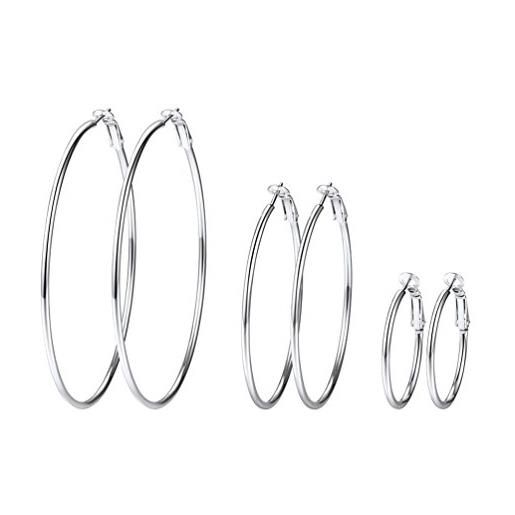 PROSTEEL 3 paia set orecchini cerchio donna grandi piccoli semplici, acciaio inossidabile, diametro 30 50 70 mm, argento (confezione regalo)