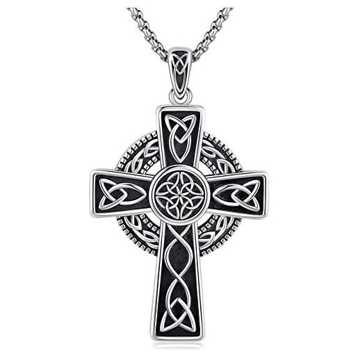 Midir&Etain collana con ciondolo a croce celtica irlandese in argento sterling 925 con ciondolo a forma di croce celtico vichingo, regalo protettivo per uomini, donne e ragazzi, argento sterling
