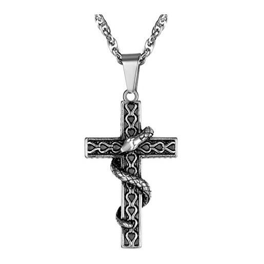 PROSTEEL collana crocifissa serpente satana satanismo con catena regolabile, in acciaio inossidabile 316l, omaggio confezione regalo, argento