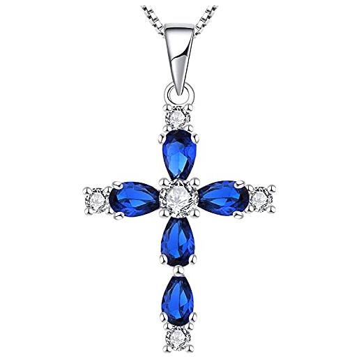 YL collana croce argento 925 con settembre pietra portafortuna spinello blu regali con ciondolo crocifisso per donne mamma, 45-48 cm