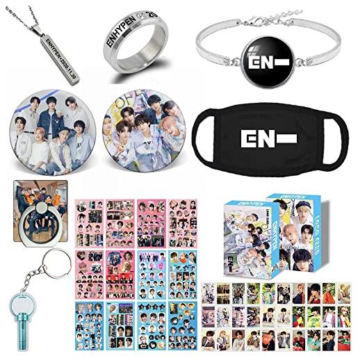 ZHENGGE kpop enhypen gifts set, enhypen photocard, stickers, bracelet, face shield, rings, pendant necklace, button pin, phone ring holder, keychain y