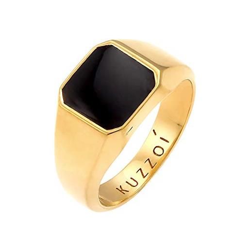 Kuzzoi anello da uomo con sigillo dorato a forma di agteck con smalto nero in argento sterling 925 placcato oro, 10 mm di larghezza, anello in oro lucido, e placcato oro