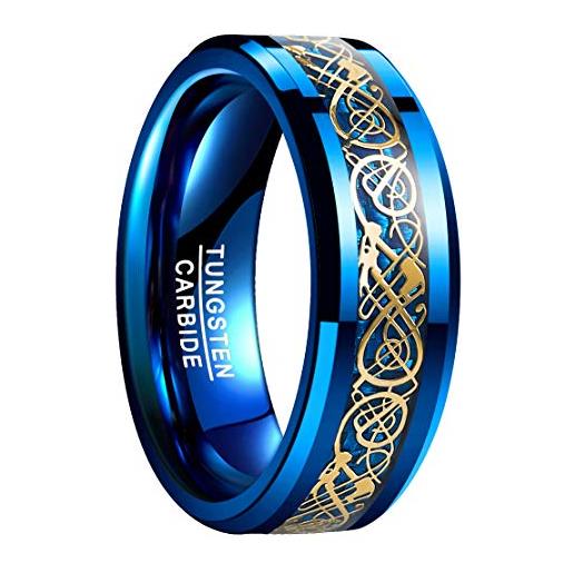 NUNCAD 8mm anello drago celtico oro + fibra di carbonio blu uomo/donna, anello tungsteno unisex per quotidiano matrimonio regalo taglia 18.25