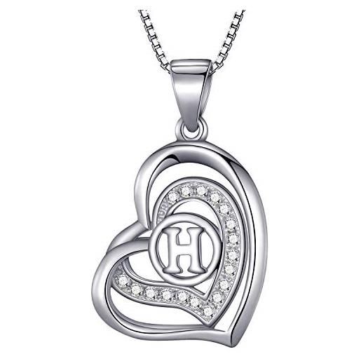 Morella collana donna a forma di cuore lettera h con zirconi bianchi 46 cm argento 925 rodiato