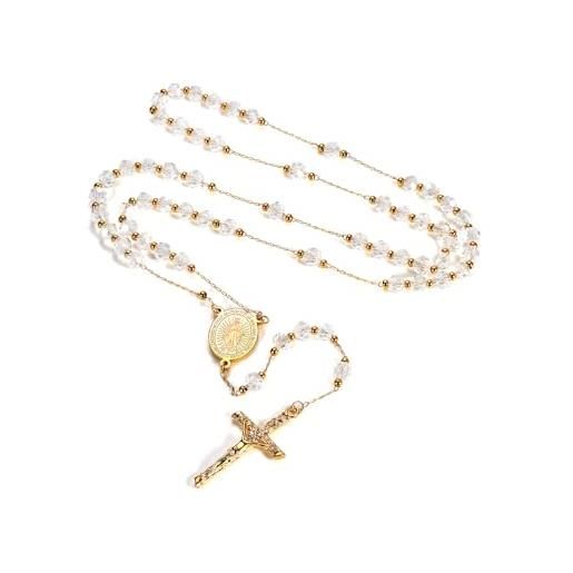 Faithheart - rosario con perline, rito cattolico, per donna e uomo, collana extra lunga e acciaio inossidabile, colore: crystal beads-white, cod. Tn12044k-60-e