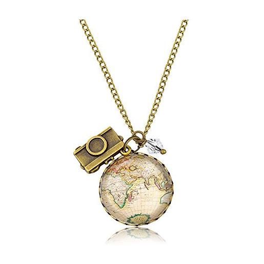 MadamLili globetrotter collana da donna con mappa del mondo con fotocamera - fatta a mano, ottone e vetro, nessuna pietra preziosa