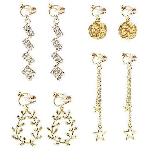 Mannli set di 4 paia di orecchini pendenti a clip, non forati, a forma di stella, con sfere vuote e zirconi cubici da donna, colore: oro