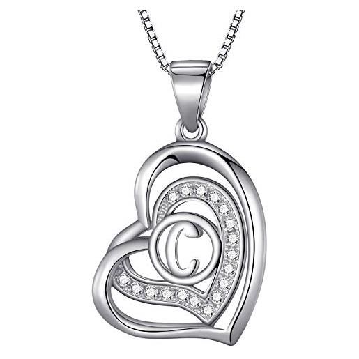 Morella collana donna a forma di cuore lettera c con zirconi bianchi 46 cm argento 925 rodiato