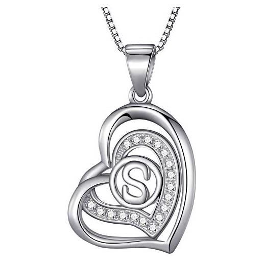 Morella collana donna a forma di cuore lettera s con zirconi bianchi 46 cm argento 925 rodiato