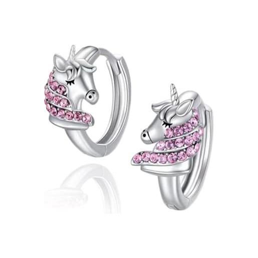 MENNICA BYDGOSKA orecchini argento 925 cerchi unicorni diam. 14 mm con zirconi rosa per ragazze, regalo per la comunione di compleanno senza nichel, in scatola rodiata
