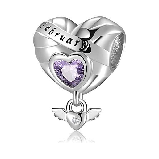 Magic Charms birthstone per braccialetti di donna in 925 sterling silver cuore ciondolo personalizzato zirconi di pietra per europa bracciale e collana regali di compleanno (febbraio)