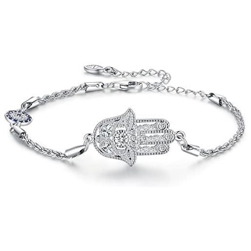 Aniu bracciale mano di fatima per donna, bracciale mano di hamsa argento sterling 925, mano di fatima bracciale con evil eye blu, mano di fatima gioielli per donne