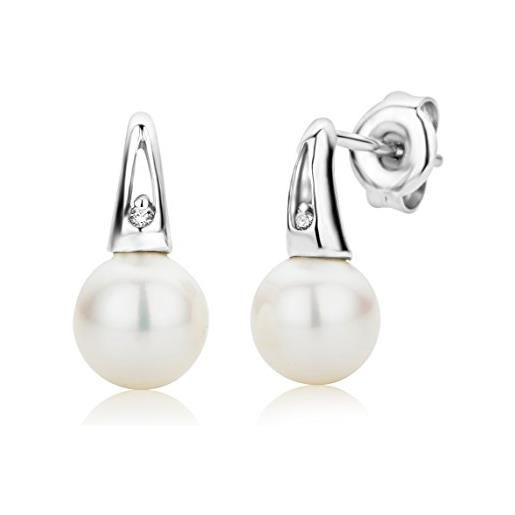 Miore -orecchini in oro bianco 9 carati con perle e diamanti con caratura complessiva di 0.01ct
