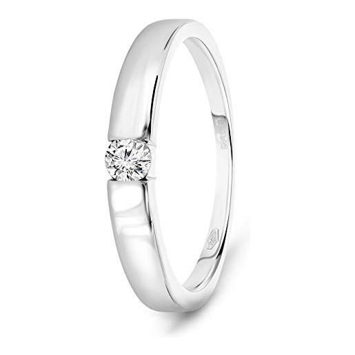 Miore anello donna solitario con diamante taglio brillante ct. 0.10 in oro bianco 9 kt 375, anello realizzato a mano da maestri orafi di valenza po