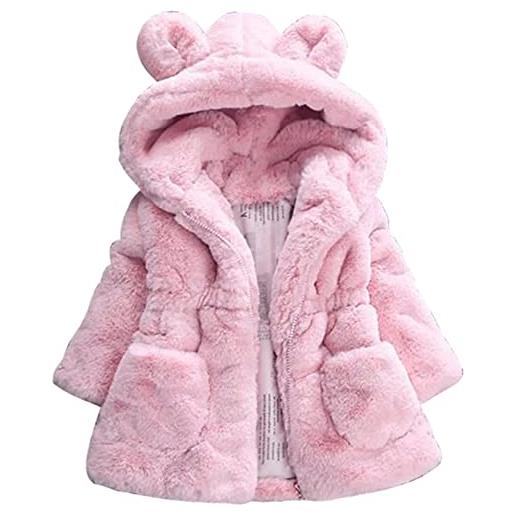 RuiyouQQ giacca ragazza invernale elegante cappotto bambini orecchie di coniglio giubbino con cappuccio bambina in pelliccia sintetica giacca vestiti caldi spessi abbigliamento 1-6 anni (rosa, 110)