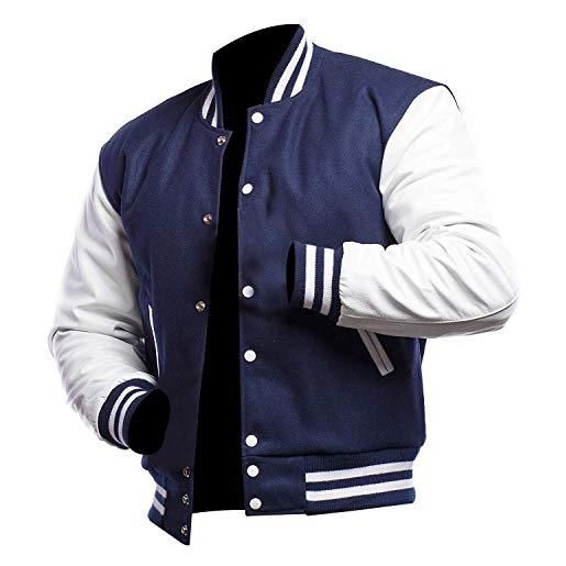 Fashion_First giacca da baseball unisex varsity college - bomber - stile americano letterman lana + giacca in ecopelle, nero , xxl