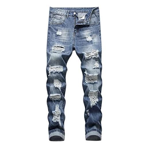 Xmiral jeans uomo casual pantaloni attillati con gamba dritta strappata skinny pantaloni elasticizzati con cerniera slim fit aderenti di nuova moda (l, 3- blu)