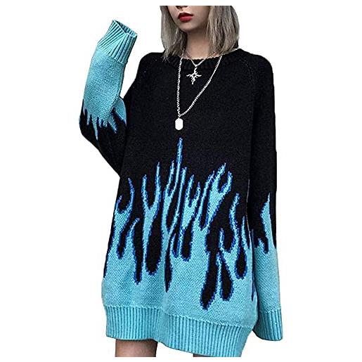 SMIMGO womans oversize baggy chunky knit fiamma maglioni e-girl grunge vestiti harajuku estetico pullover maglieria (colore: blua, taglia: unica)