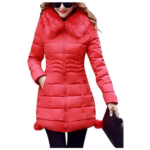 Huixin cappotti invernali donna lunga calda addensare piumino eleganti manica lunga slim fit tempo libero moda invernali cappotti piumini con cappuccio in pelliccia (color: rot, size: xl)