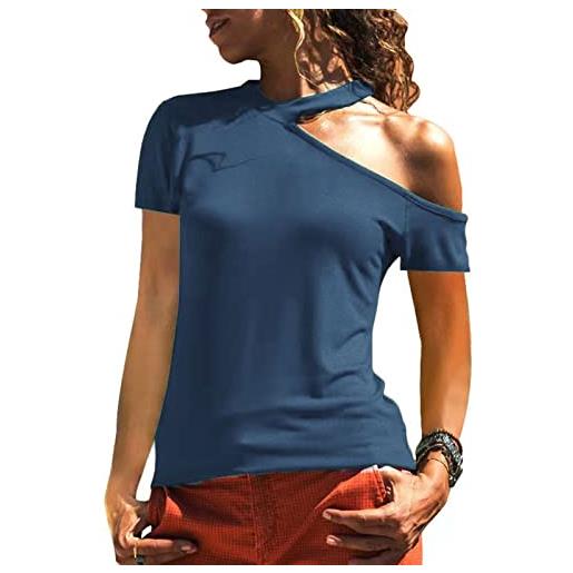 SHINROAD maglietta da donna top t-shirt da donna halter manica corta colletto sganciato sexy con spalle scoperte maglietta per appuntamenti blu l
