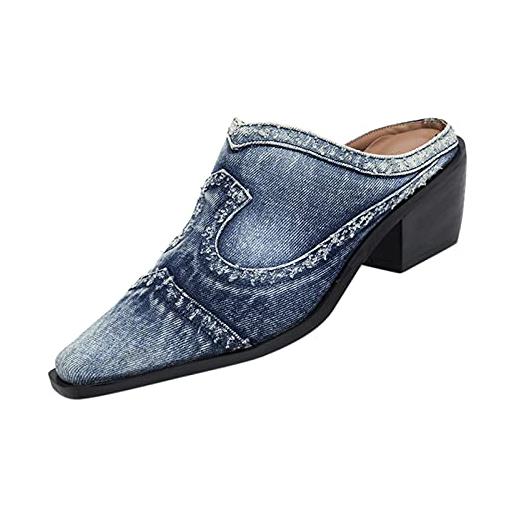Generic sandali da donna con tacco grosso, punta chiusa, scarpe in pizzo, sandali in jeans, traspiranti, leggeri, comodi, alla moda, eleganti e alla moda, blu, 39 eu