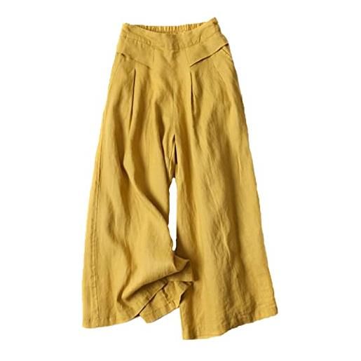 Yimutian pantaloni larghi da donna in lino di cotone a gamba larga a vita alta pantalone largo comodi leggeri 7/8 harem pants giallo s