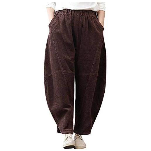 Bigassets donna vita elastica casuale pantaloni di velluto a coste con tasche brown