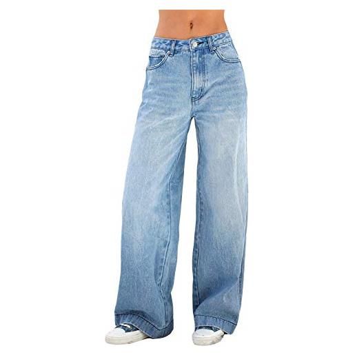FeMereina - jeans da donna, a vita alta, pantaloni larghi in denim a gamba larga, pantaloni dritti vintage, a, 31-35