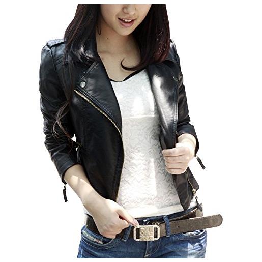 LaoZan giacca donna inverno giacche in pelle pu vintage moto giubbino giubbotto corto manica lunga con zip s nero