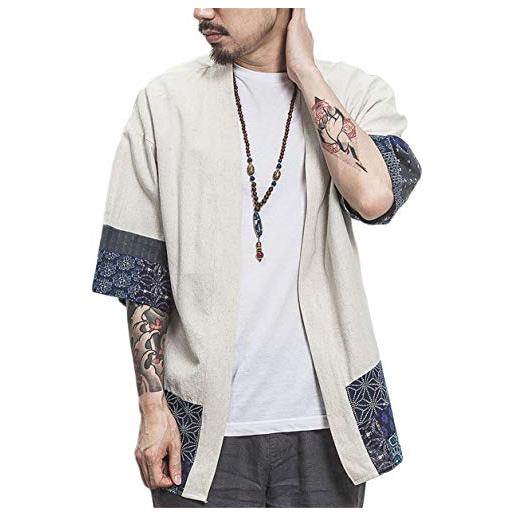 GUOCU t-shirt cardigan uomo kimono giapponese stampa maglietta casual moda primavera-estate cappotto beige xl