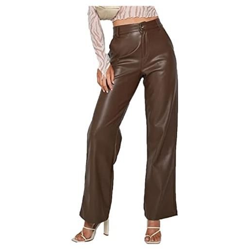 CRITOR donna pantaloni a vita alta in pelle pu marrone gamba dritta leggings in ecopelle pantaloni slim fit vintage streetwear