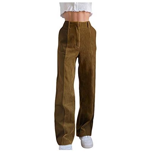 Loalirando y2k pantaloni dritti da donna personalità in velluto a coste a contrasto di colore patchwork pantaloni casual a vita alta patchwork (marrone, l)