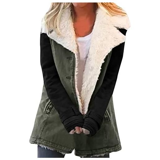 ORANDESIGNE giacca invernale donna parka giacche peluche giaccone peloso caldo elegante cardigan con bottoni fleece jumper sweatshirt cappotto verde-nero m